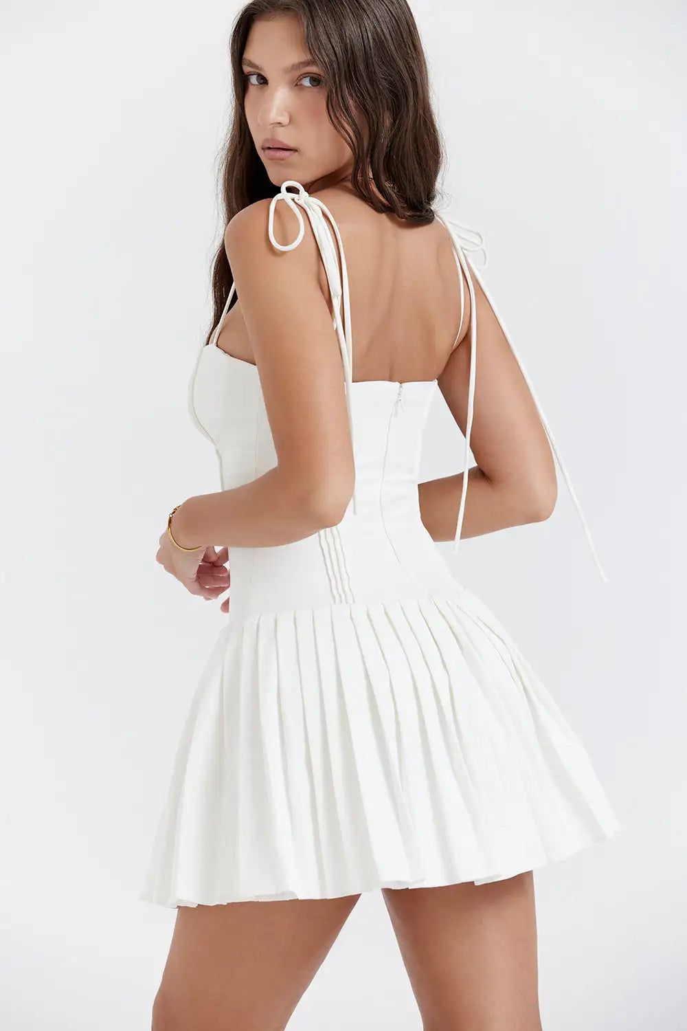 elegant white pleated mini dress