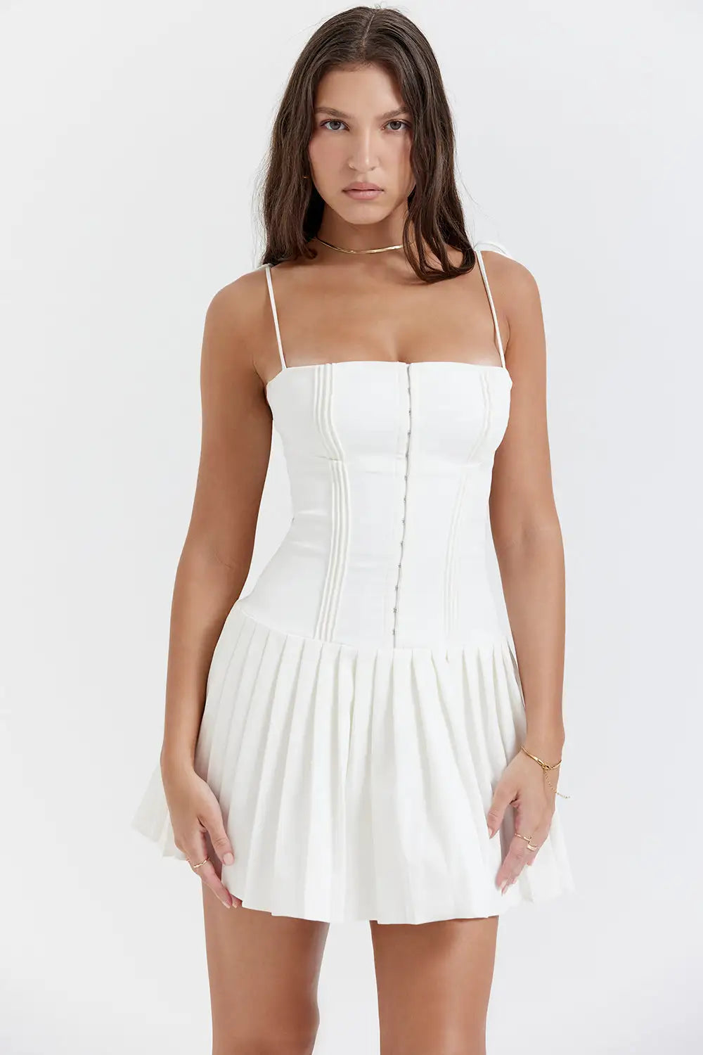 elegant white pleated mini dress
