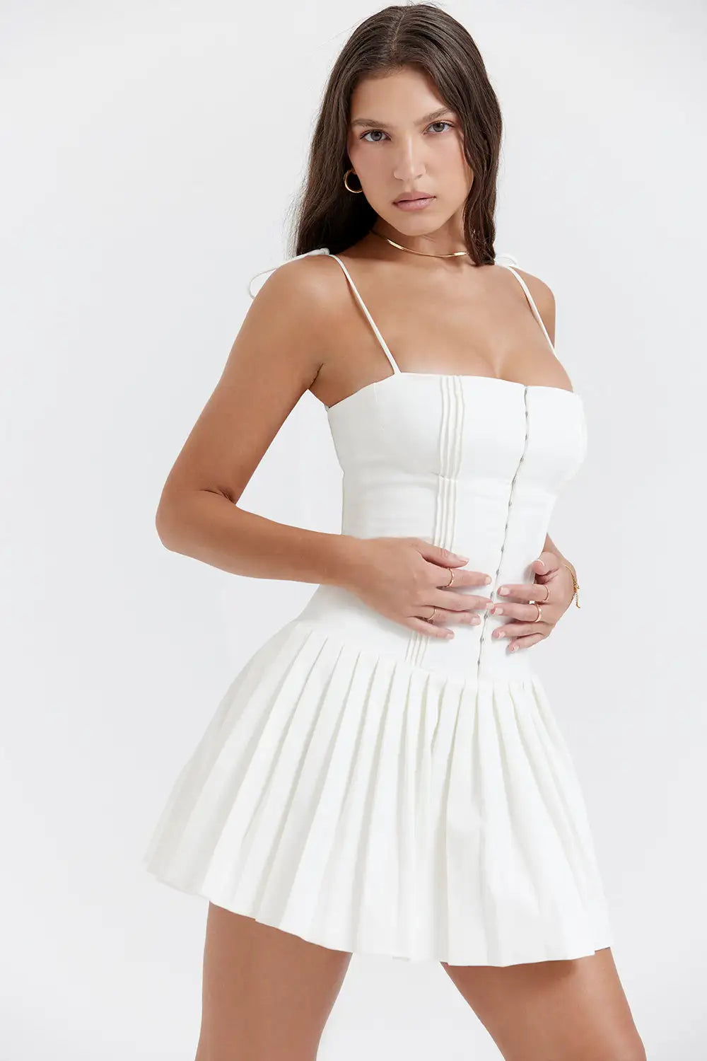 elegant white pleated mini dress