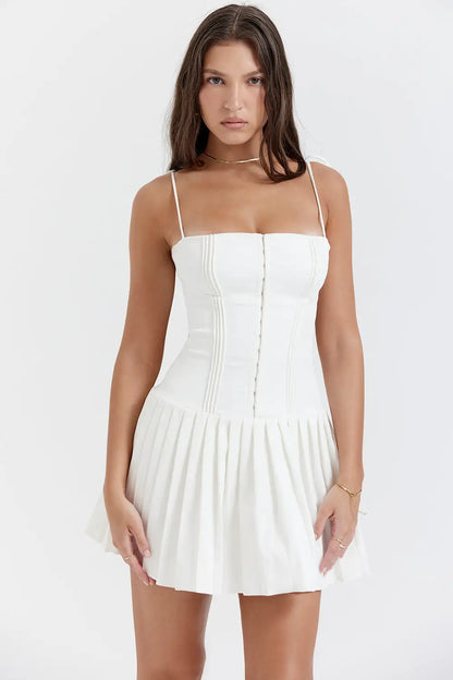 elegant white pleated mini dress